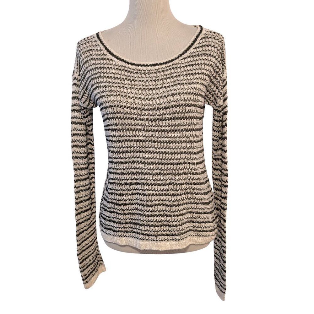 Alice + Olivia Womens Sz M?  Cream Green Striped Open Knit Linen Rayon Sweater